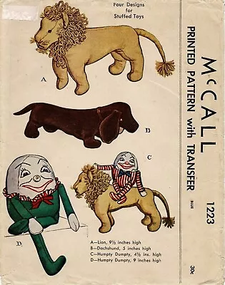 Stuffed Animals DASCHUND Lion HUMPTY DUMPTY McCall 1223 VTG 1945 Craft Pattern • $6.50
