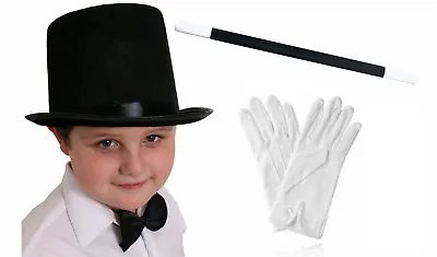 Childs Top Hat White Gloves And Wand Magician Fancy Dress Costume Set Magic Man • £13.99