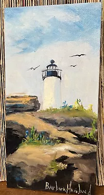 Lighthouse In Maine Seagulls 12x6 Oil Painting Original Barbara Haviland • $225