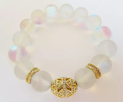 Rainbow Opalite Moonstone Glass Beads Pave Rhinestones Stretch Bracelet 6  • $7.99