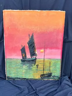 Vintage Oil Painting Chinese Nautical Junque Ship Seascape Sunset Artist Signed • $93.75