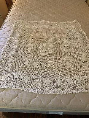 Crochet Square Tablecloth Approx 38  X 40  Biege Vintage • $24.99