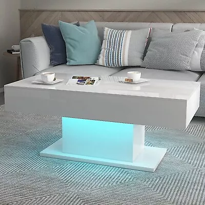 High Gloss Coffee Table With LED Lights White Center Cocktail Table Living Room • $169.99