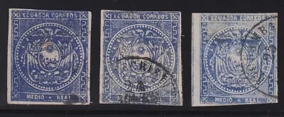 Ecuador 1865-72 Medio Real Ultramarine X 3 Shades Used. Scott 2 • $36.11