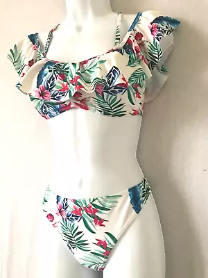 Ladies Floral Mix DOROTHY PERKINS Crop / Bandeau Bikini Set Size 8 -Frill Padded • £8.75