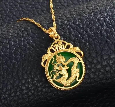 Women Men Necklace Xmas Gift Green Jade Dragon Fengshui Lucky Wealth Protection • £12.61