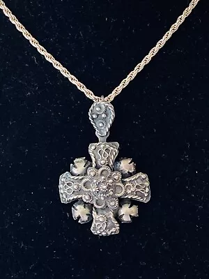 Vintage Sterling Silver Mexico Jerusalem Maltese Cross Pendant Chain Necklace • $79.99