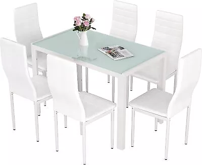 Kitchen Dining Set 7-Piece Dining Room Table And 6 Leather Chairs Glass Tabletop • $242.99