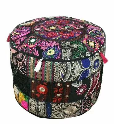 Embroidered Vintage Ottoman Puff Cover Black Cotton Patch Work Footstool Cover • $21.15