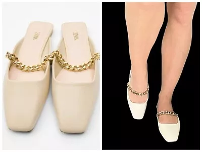 Zara 2505/610 Ecru Off White Open Back Slippers Mules Slides Gold Chain 37 6.5 • $29.99