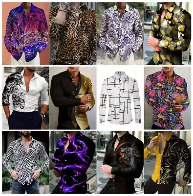 Button Up Shirt Mens Graphic Print Fashion Casual Party Long Sleeve Trendy Dress • $29.86