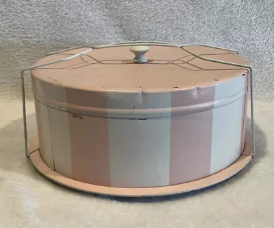 $20 • Buy Vintage Metal/Tin Pink And White Cake/Pie Carrier With Wooden Knob.
