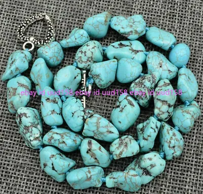 Natural 10-12mm Blue Turquoise Gemstone Chunk Beads Necklace Tibetan Silver 18  • $3.98