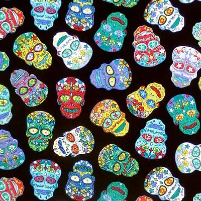 Mexican Day Of The Dead Fabric Sugar Skulls Black 100% Cotton • £5