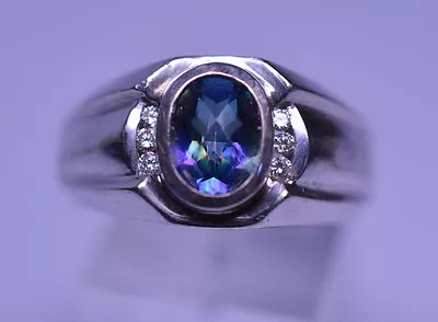 Men's 14k White Gold Oval Mystic Topaz And Diamond Ring 10.7 Grams Size 8.5 • $550