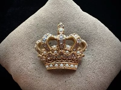 Vintage Butler & Wilson Rhinestone & Faux Seed Pearl Regal Crown Brooch Pin • $45