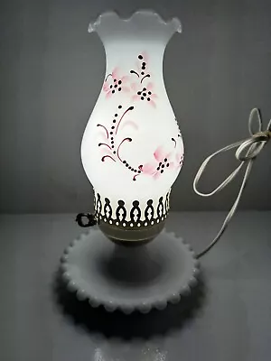 Vintage Milk Glass Hurricane Lamp 10  Electric - See Pics - Hand Painted Floral • $26