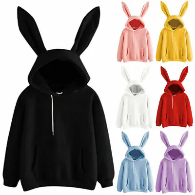 Women Solid Easter Bunny Ear Hooded Casual Sweatshirt Hoodie Jumper Pullover Top • £11.99