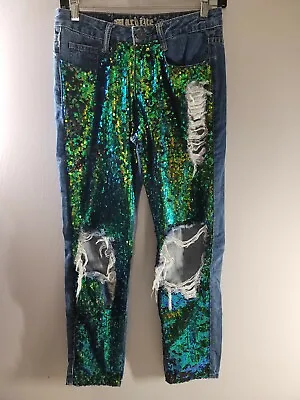 Machine Jeans Nouvelle Mode Straight Leg Distressed Sz 25 Green Sequins Italy 39 • $20