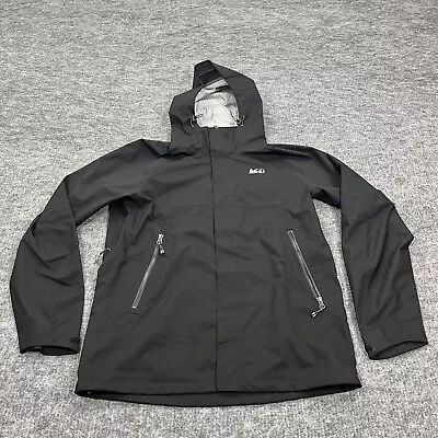 REI Jacket Mens Large Black R1 Elements Rain Coat Hooded Fishing Camp • $34.88