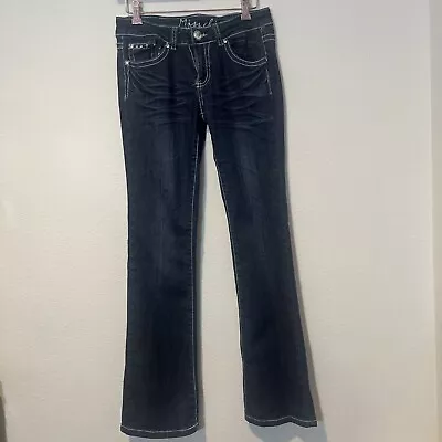 Miss Chic Flared Leg Jeans Juniors 5 Blue Low Rise Med Wash Embellished • $12.94