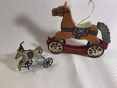 (2) Vtg Ornaments Toy Horse On Wheels Kurt Adler & Wood Rocking Horse On Wheels. • $17.50