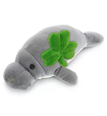 DolliBu Cute Grey Manatee Stuffed Animal With Green Plush Shamrock - 9 Inches • $17.75