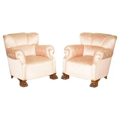 Pair Of Antique Art Deco Circa 1920 Lions Hairy Paw Carved French Club Armchairs • £2950
