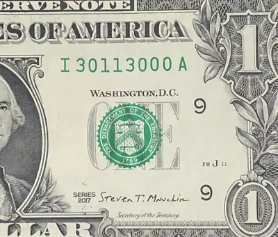 Trinary Fancy Serial Number One Dollar Bill I30113000A FW Print 3s 0s 1s • $8.50