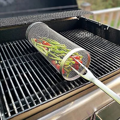 Rolling Grilling Basket BBQ Net Tube Round Stainless Steel Grill Mesh Cylinder • $8.99