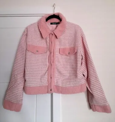 Missguided Pink Tweed Check Blazer Jacket Boucle Faux Fur Trim UK 12 BNWT • £35
