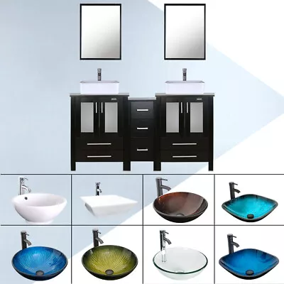 60  Black Bathroom Vanity Set Vessel Sink Cabinet W/Mirror 2 Drawer Faucet Combo • $819.99
