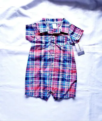 Carter's Baby Boy One-Piece Plaid Jumper Outfit Coral & Blue Size 9 Months • $9.99