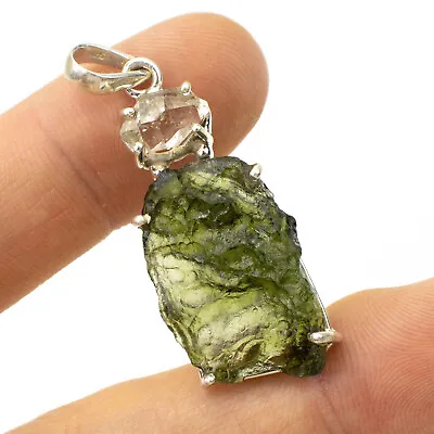 6.93gr MOLDAVITE Tektite With Herkimer - Pendant In Prongs Silver .925 #JM317 • $185.90