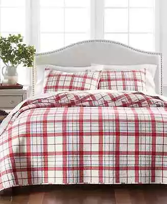 Martha Stewart Quilt New Windowpane Yarn Dye Flannel Twin Quilt New Red White • $53.99