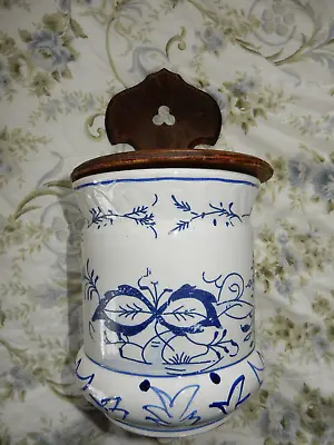 Large Vintage Wall/salt Box With Wooden Wall Mount & Hinged Lid Ceramic Delft • $33.50