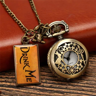 Steampunk Quartz Mini Pocket Watch With Necklace Chain Tiny Drink Me Rabbit Tag • $4.93