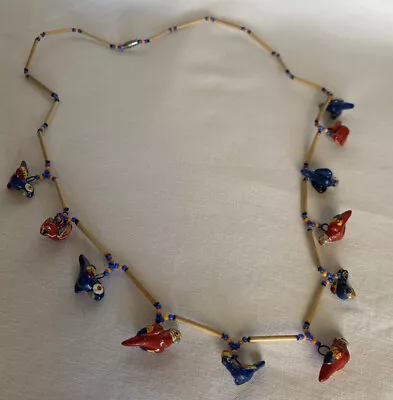Tropical Bird Necklace Wood Painted Red Blue Parrots Macaw Beads 25” • $19.99
