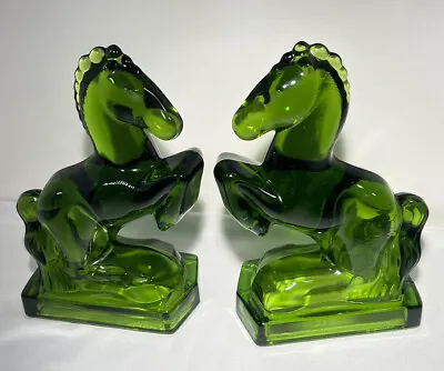 Vintage L E Smith 8  Green Glass Horse Bookends Mid-Century MCM - Art Deco Style • $99
