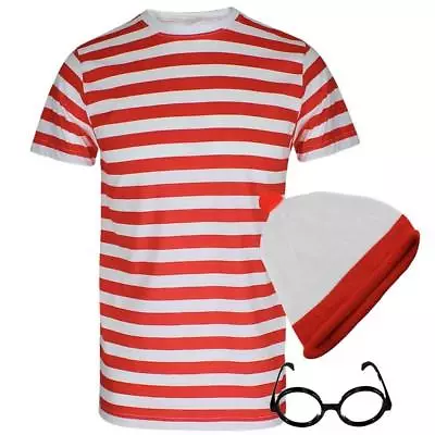 Mens Ladies Nerd Geek Red & White Striped T Shirt Hat & Glasses Fancy Dress • £9.99