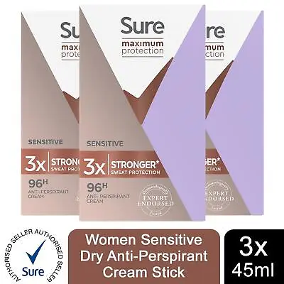 £12.99 • Buy Sure Women Maximum Protection Sensitive Dry Anti-Perspirant Cream, 3 Pack, 45ml