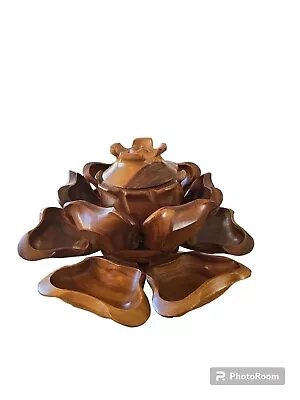 Vintage Large Monkey Pod Lotus Serving Bowl Set Lazy Susan Hand Carved Wood  • $69.99