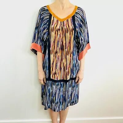 Megan Park Size 3 14 Blue Orange Print 100% Silk  Short Sleeve Shift Dress • $57.28