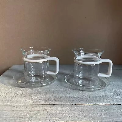 Set Of 2 Vintage Captain Picard White BODUM Denmark Glass Expresso Cups Saucers  • $30