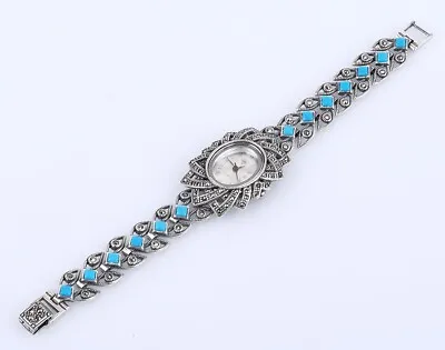 Lady Marcasite Simulated Turquoise .925 Solid Sterling Silver Wristwatch #53796 • $368.32