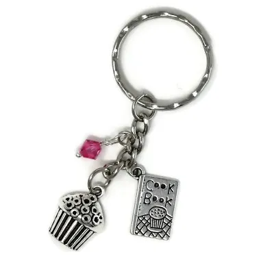 £4.95 • Buy Silver Keyring - Cupcake & Cookbook - Pink Crystal - Mothers Day 