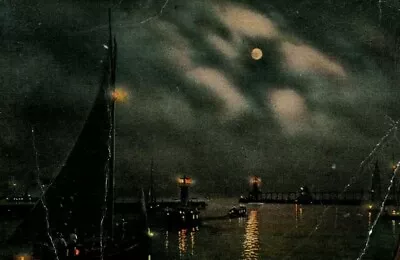 C.1910 Lighthouse Piers Moonlight Night Michigan City Indiana Postcard 2 P94 • £16.62