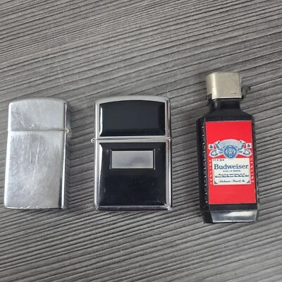 $39.89 • Buy Vintage Zippo Lighter Lot 1977 1989 & Budweiser Bottle Black Chrome 3