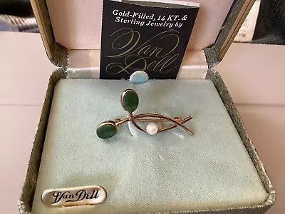 VAN DELL Brooch Pin 12K Yellow GF Floral Swirl Pearl & Jade W/box & Booklet Vtg. • $14.99