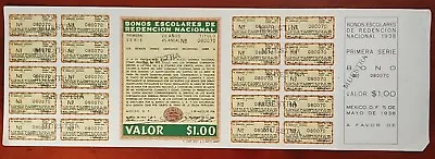 Mexico 1938 Bonos Escolares Redencion Nacional 1 Peso MUESTRA Coupons Bond RARE • $47